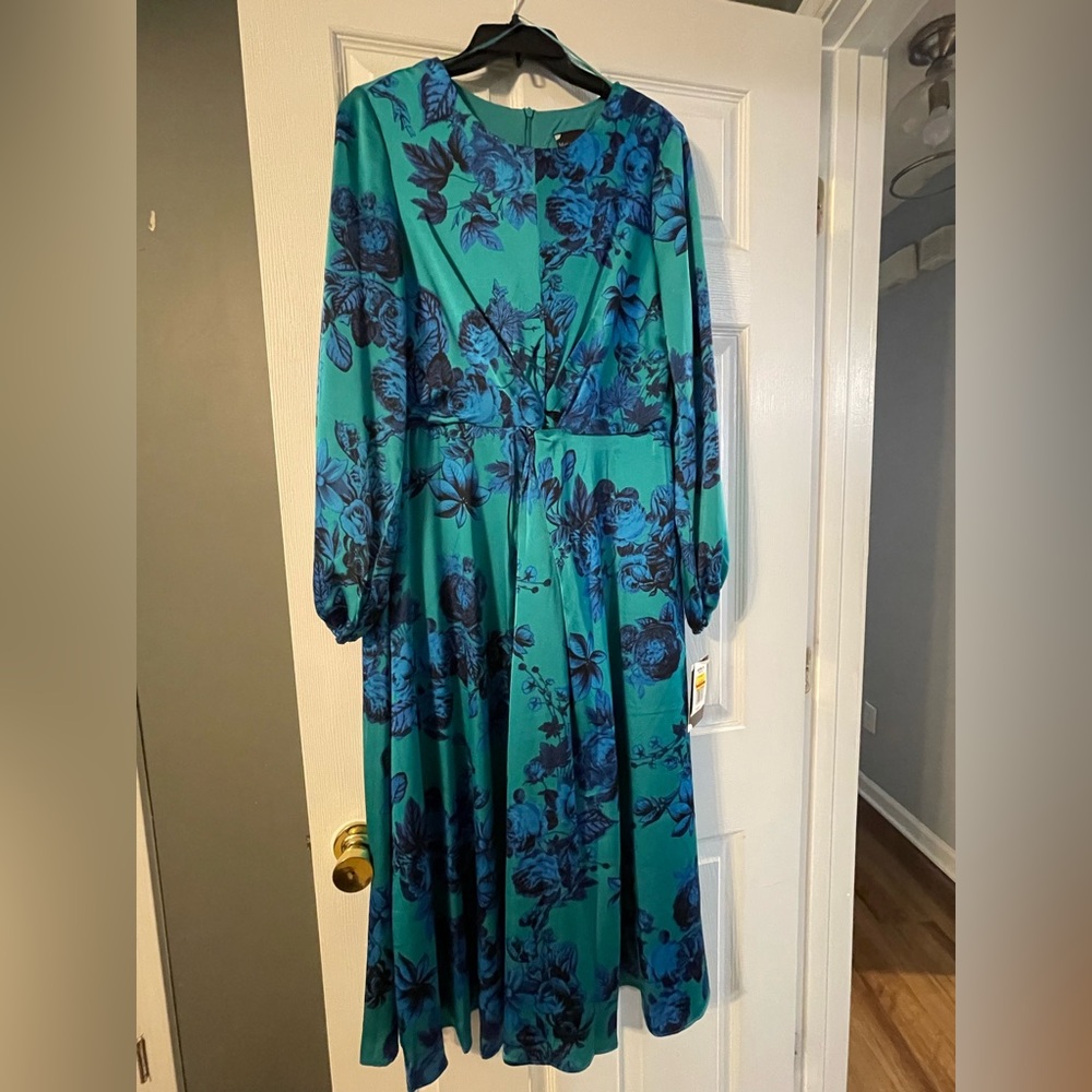 Maison Tara Teal and Navy Floral Long Sleeve Maxi Dress